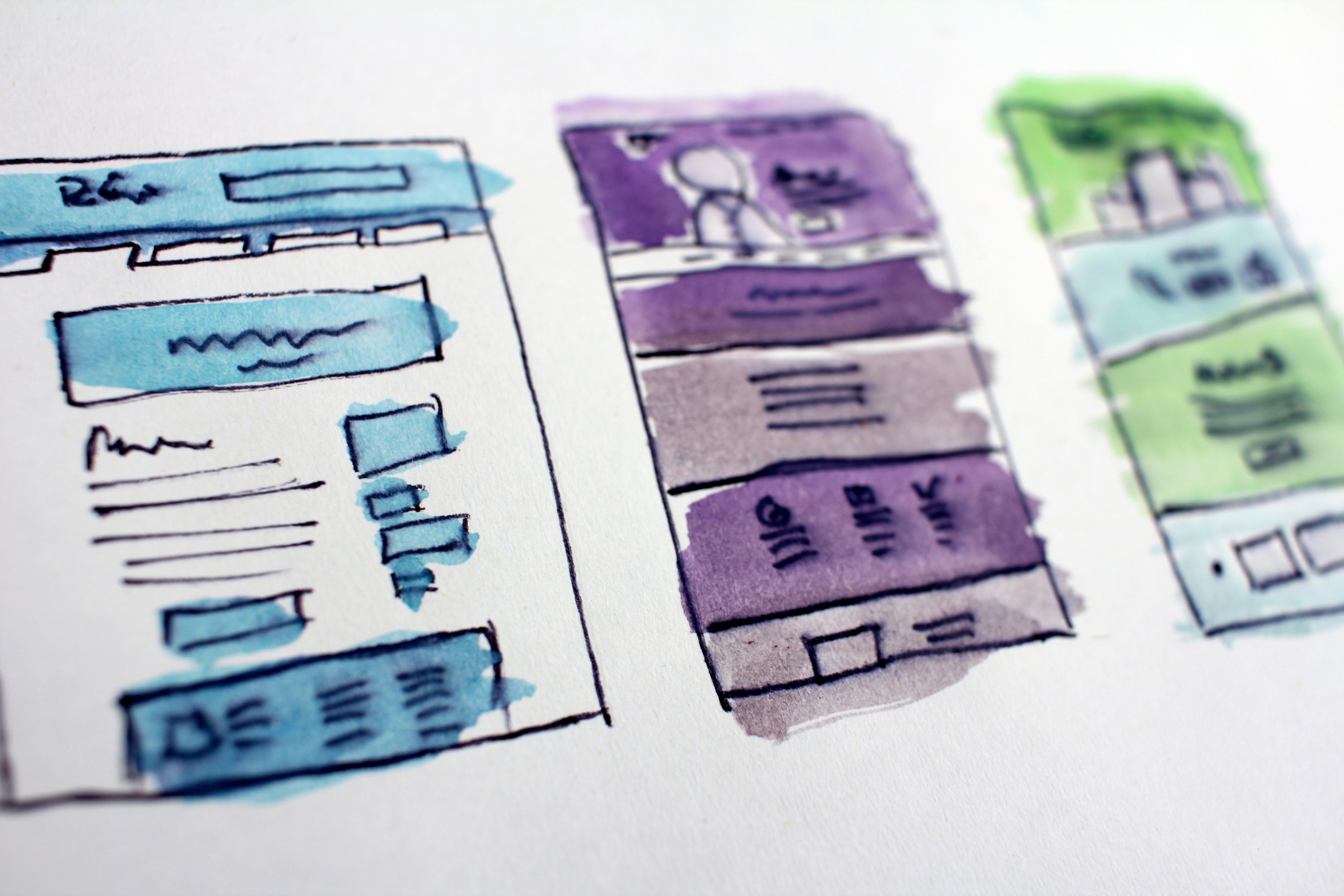 Accessibility and Inclusive Design: Best Friends by Code Enigma Watercolor website wireframes in blue, purple, and green.