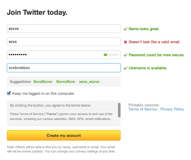 Create twitter account form