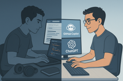 A developer seated at a modern desk with two side-by-side monitors. The left monitor shows raw code and online documentation, while the right displays an AI assistant suggesting code improvements. The lighting is darker on the left and brighter on the right, symbolizing progress. The developer, consistent with the reference photo, is facing the screens with focused posture.