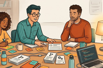 Open-source workshop with repository cards and an abstract AI collaborator.