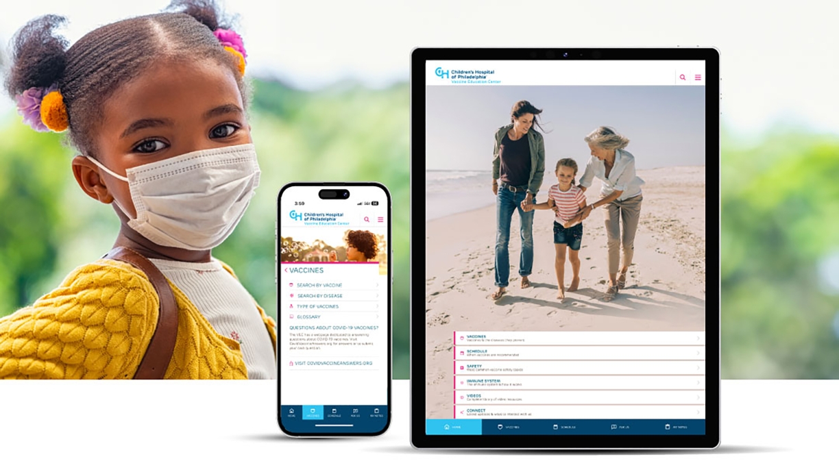 Girl with mask and grouping of mobile and tablet with the Vaccines on the Go app home screen