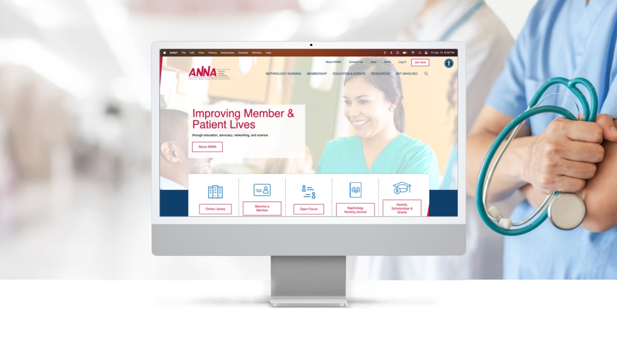 Background image of hospital scene with the ANNA website homepage on a desktop computer