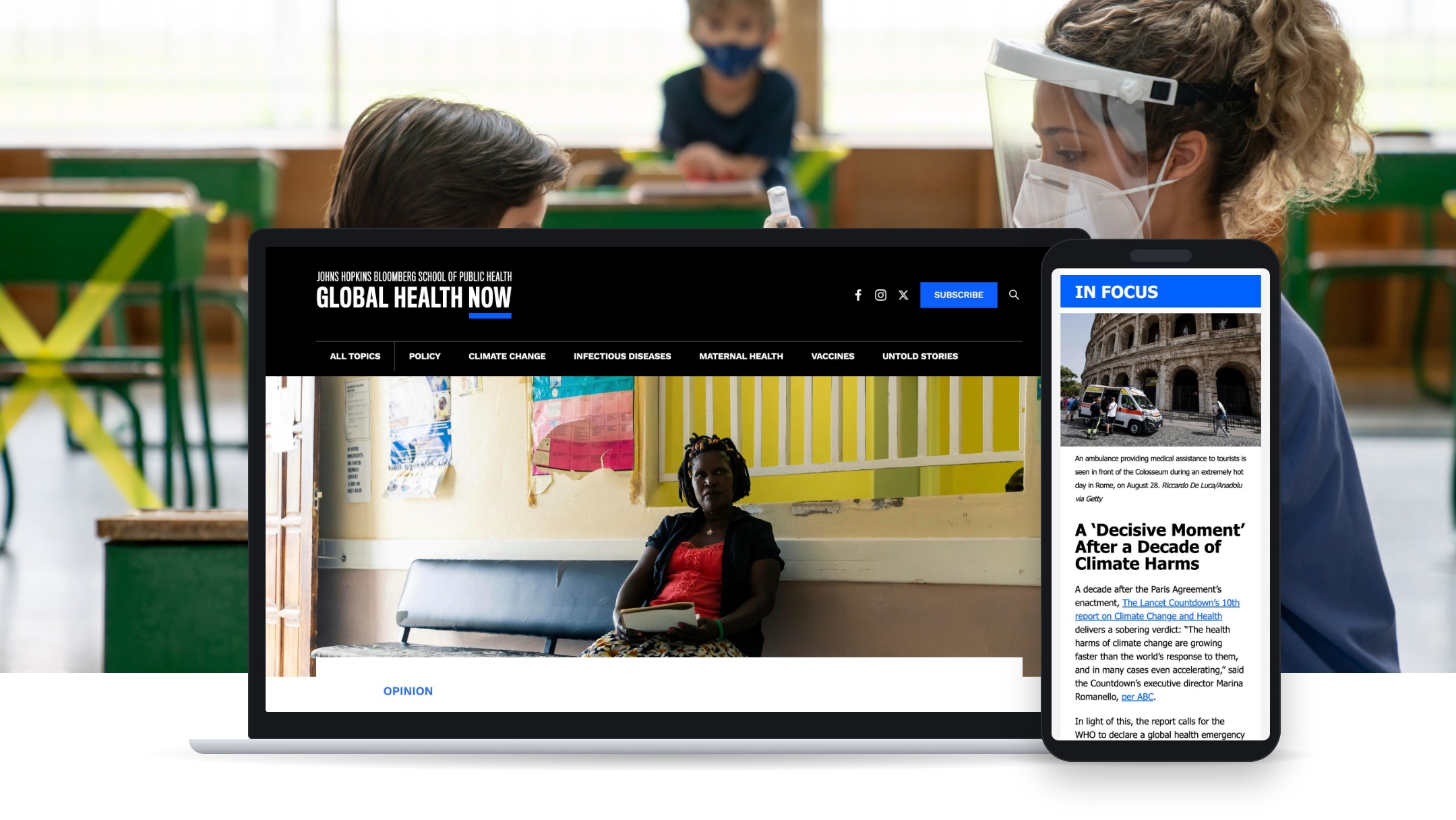 Global Health NOW homepage on a laptop and the GHN email newsletter on a phone, over a photo of a health worker preparing a vaccine for a child