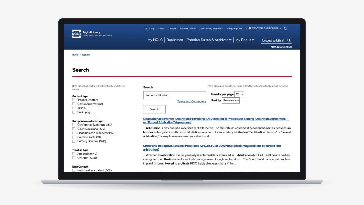 NCLC Digital Library search results with filters, shown on a laptop