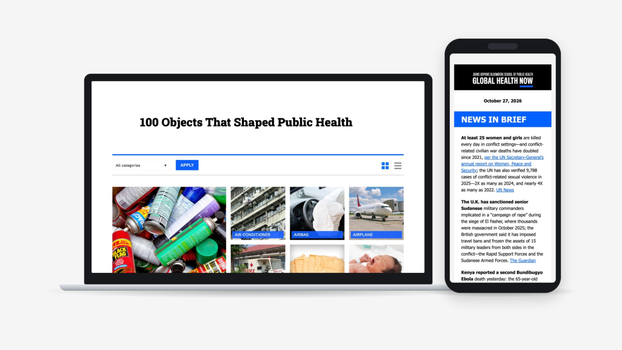 Global Health NOW 100 Objects gallery on a laptop and the GHN email newsletter on a phone